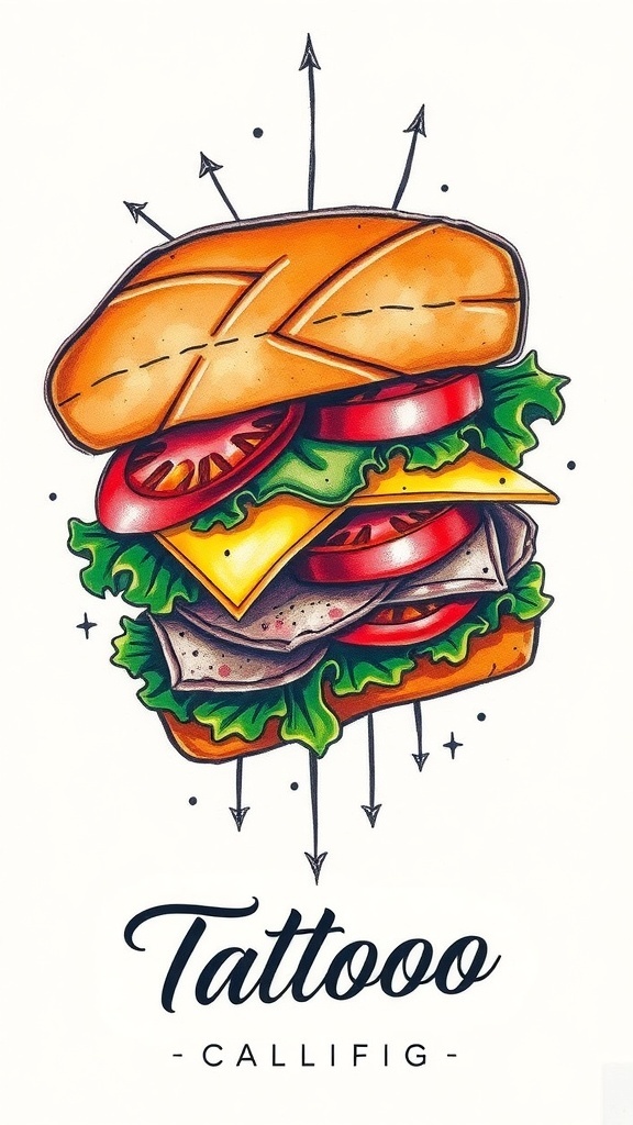 A colorful tattoo design of a sandwich with fresh ingredients, showcasing artistic food art.
